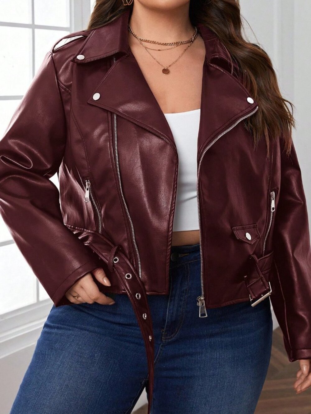 Rose Red Casual Women's Loose Long-Sleeved Zipper Lapel Biker Jacket